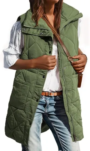 Quilted Vest Women Long Puffer Jacket Sleeveless Down Coat Casual Zip Up Puffer Vest Loose Tunic Coat Outerwear