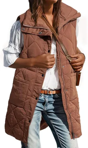 Quilted Vest Women Long Puffer Jacket Sleeveless Down Coat Casual Zip Up Puffer Vest Loose Tunic Coat Outerwear