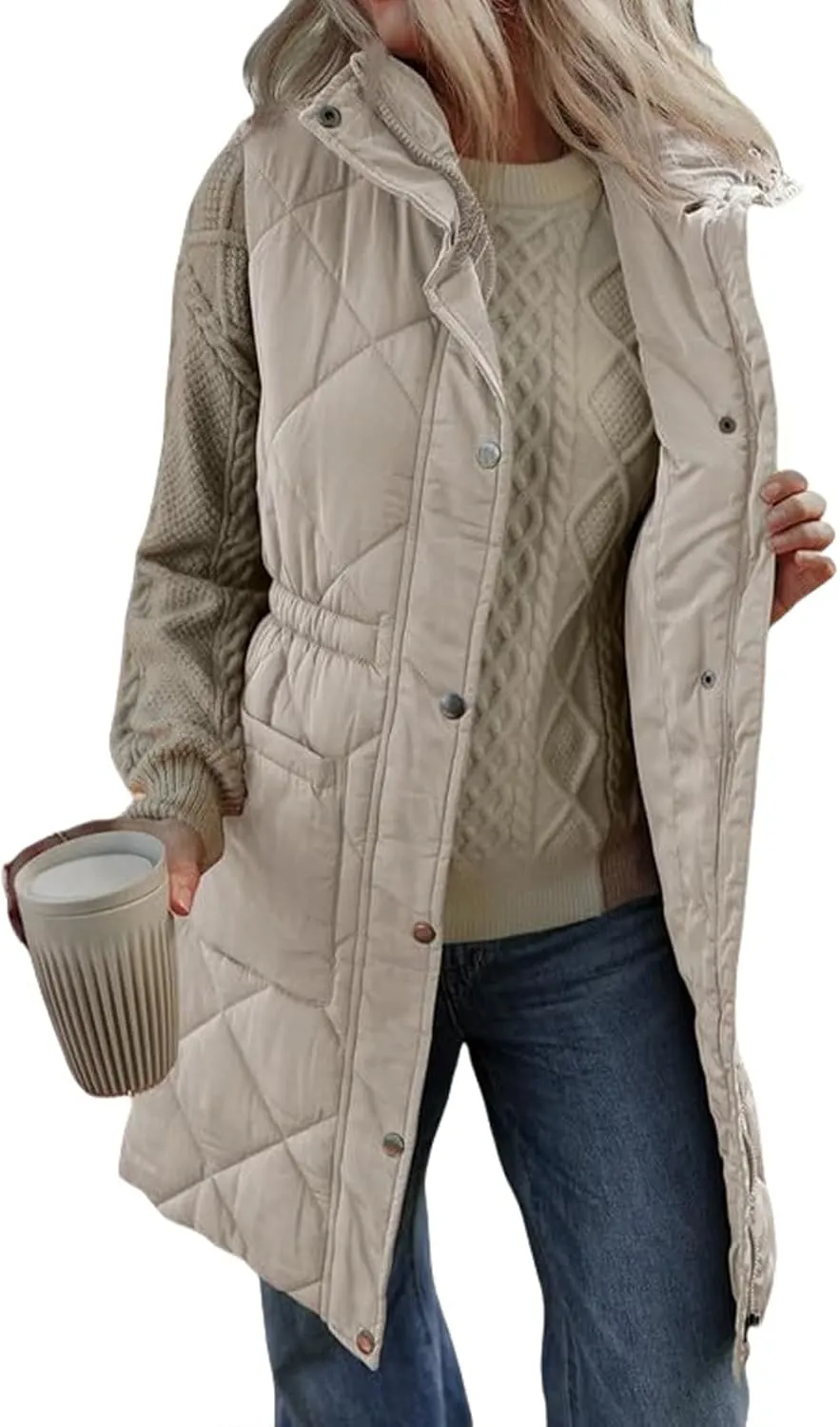 Quilted Vest Women Long Puffer Jacket Sleeveless Down Coat Casual Zip Up Puffer Vest Loose Tunic Coat Outerwear