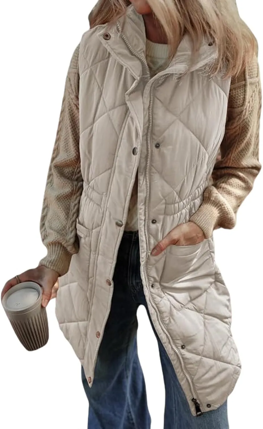 Quilted Vest Women Long Puffer Jacket Sleeveless Down Coat Casual Zip Up Puffer Vest Loose Tunic Coat Outerwear