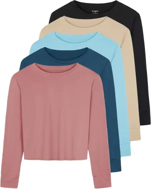 Real Essentials 5 Pack: Women's Dry Fit Crop Top - Long Sleeve Crew Neck Stretch Athletic Tee (Available in Plus Size)