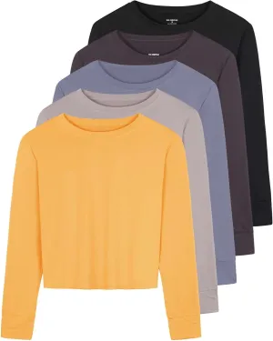 Real Essentials 5 Pack: Women's Dry Fit Crop Top - Long Sleeve Crew Neck Stretch Athletic Tee (Available in Plus Size)
