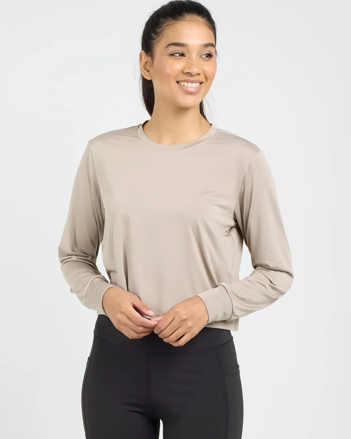 Real Essentials 5 Pack: Women's Dry Fit Crop Top - Long Sleeve Crew Neck Stretch Athletic Tee (Available in Plus Size)