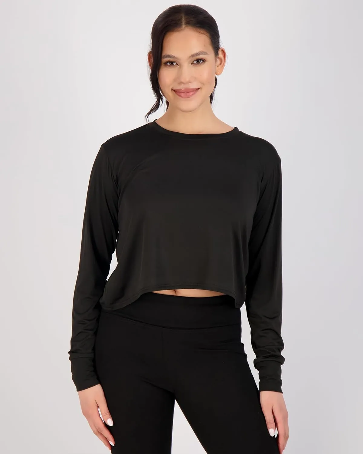 Real Essentials 5 Pack: Women's Dry Fit Crop Top - Long Sleeve Crew Neck Stretch Athletic Tee (Available in Plus Size)