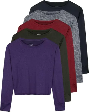Real Essentials 5 Pack: Women's Dry Fit Crop Top - Long Sleeve Crew Neck Stretch Athletic Tee (Available in Plus Size)