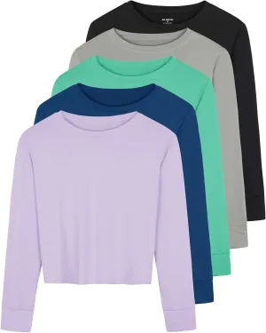 Real Essentials 5 Pack: Women's Dry Fit Crop Top - Long Sleeve Crew Neck Stretch Athletic Tee (Available in Plus Size)