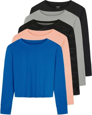Real Essentials 5 Pack: Women's Dry Fit Crop Top - Long Sleeve Crew Neck Stretch Athletic Tee (Available in Plus Size)