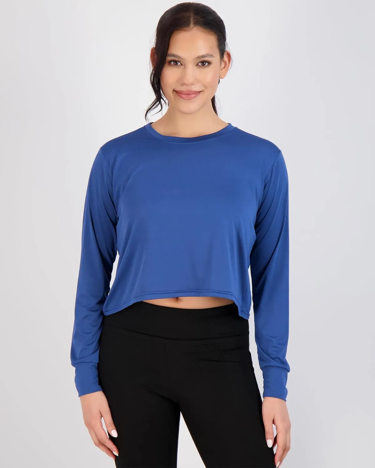 Real Essentials 5 Pack: Women's Dry Fit Crop Top - Long Sleeve Crew Neck Stretch Athletic Tee (Available in Plus Size)