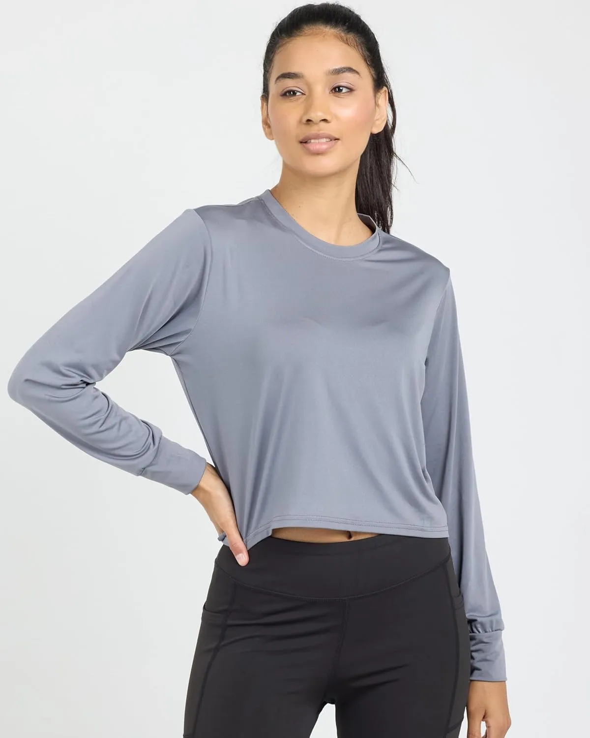 Real Essentials 5 Pack: Women's Dry Fit Crop Top - Long Sleeve Crew Neck Stretch Athletic Tee (Available in Plus Size)