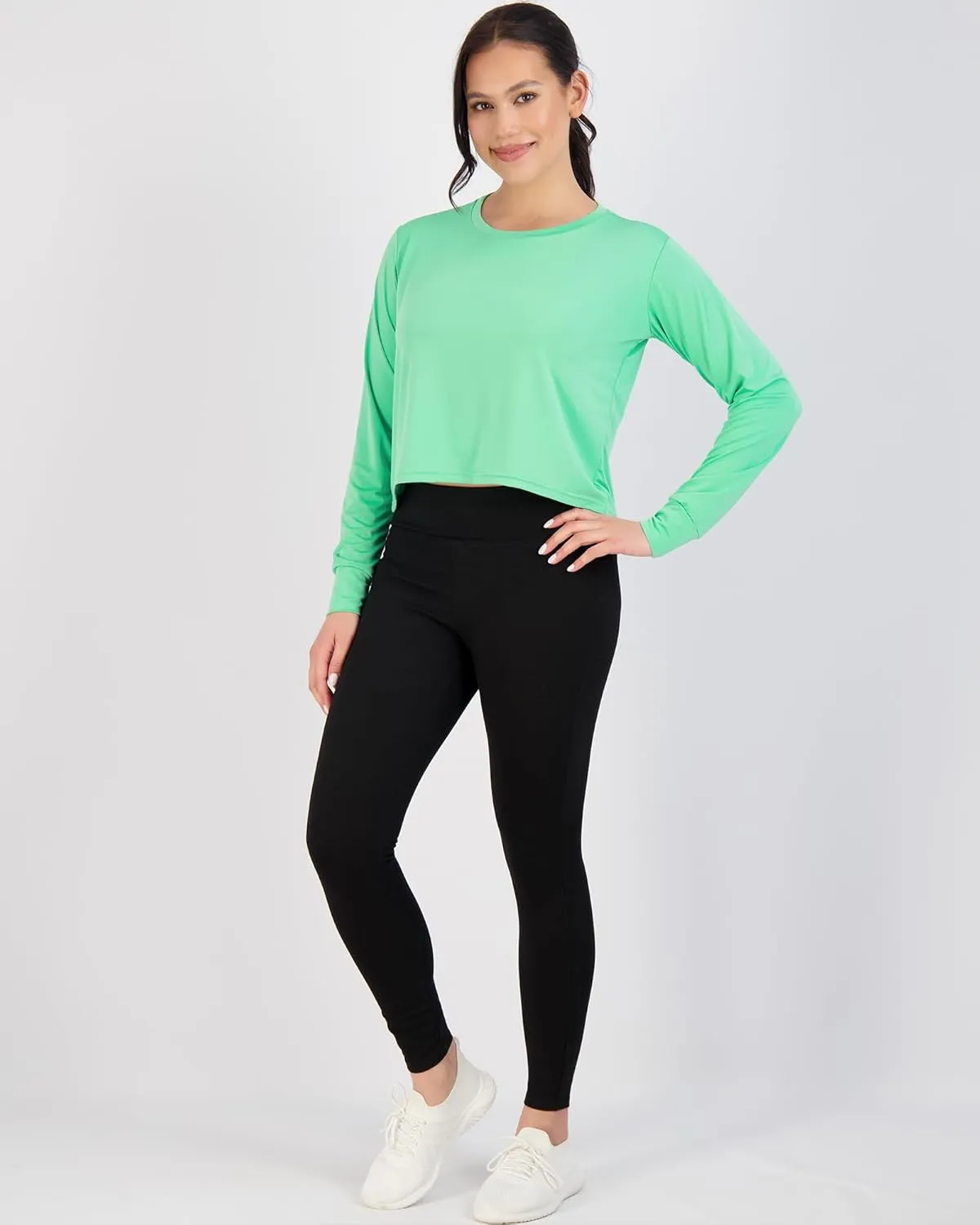 Real Essentials 5 Pack: Women's Dry Fit Crop Top - Long Sleeve Crew Neck Stretch Athletic Tee (Available in Plus Size)