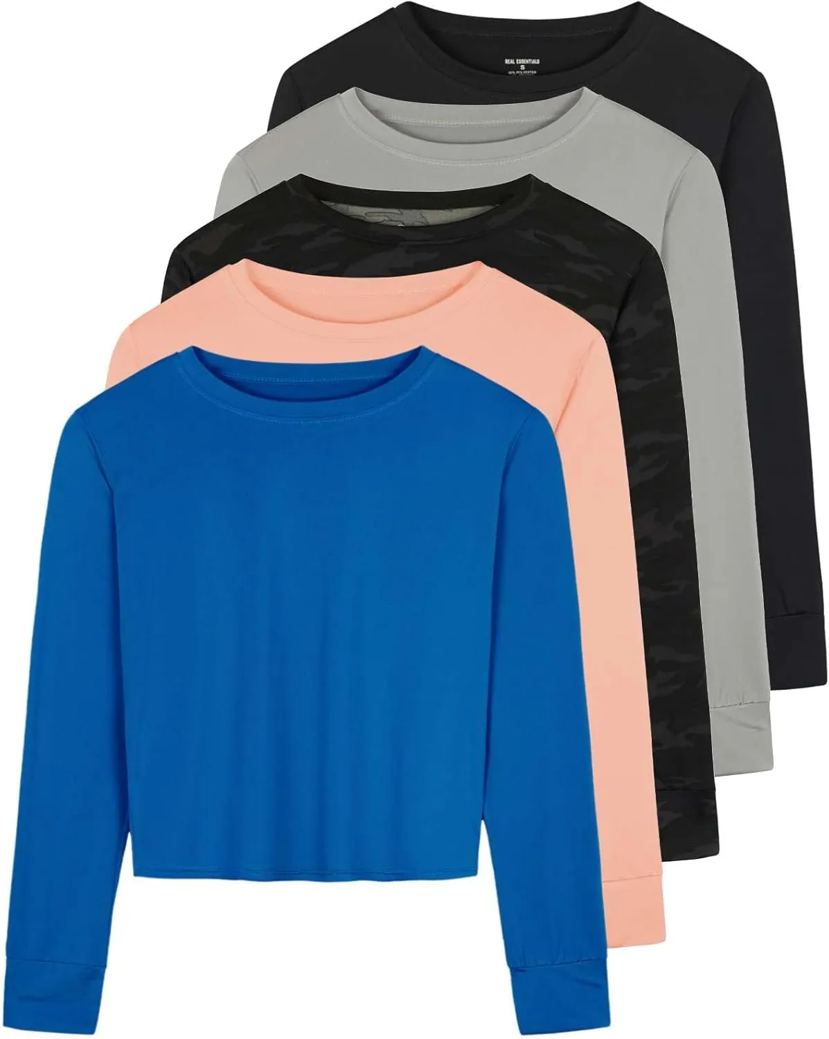 Real Essentials 5 Pack: Women's Dry Fit Crop Top - Long Sleeve Crew Neck Stretch Athletic Tee (Available in Plus Size)