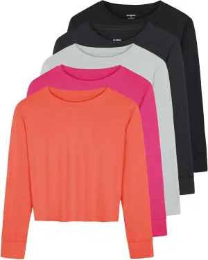 Real Essentials 5 Pack: Women's Dry Fit Crop Top - Long Sleeve Crew Neck Stretch Athletic Tee (Available in Plus Size)