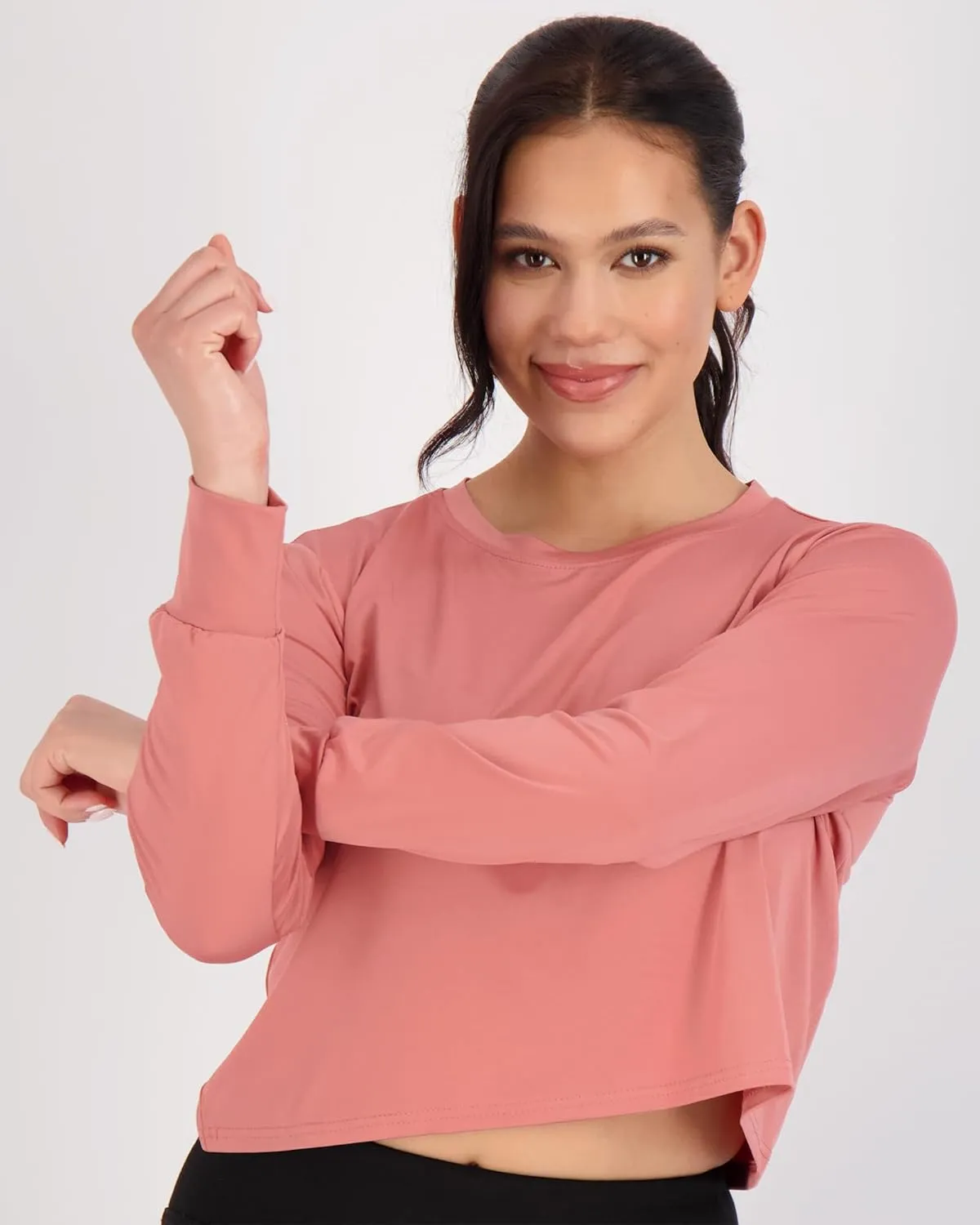 Real Essentials 5 Pack: Women's Dry Fit Crop Top - Long Sleeve Crew Neck Stretch Athletic Tee (Available in Plus Size)