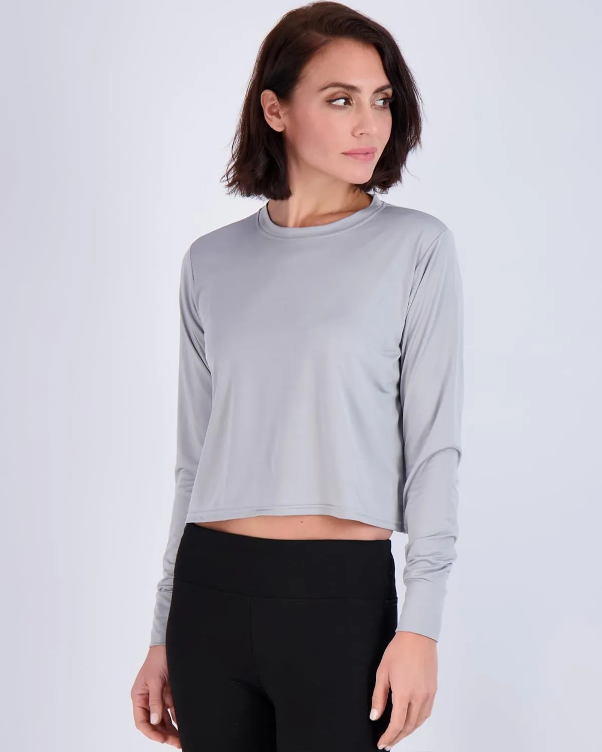 Real Essentials 5 Pack: Women's Dry Fit Crop Top - Long Sleeve Crew Neck Stretch Athletic Tee (Available in Plus Size)