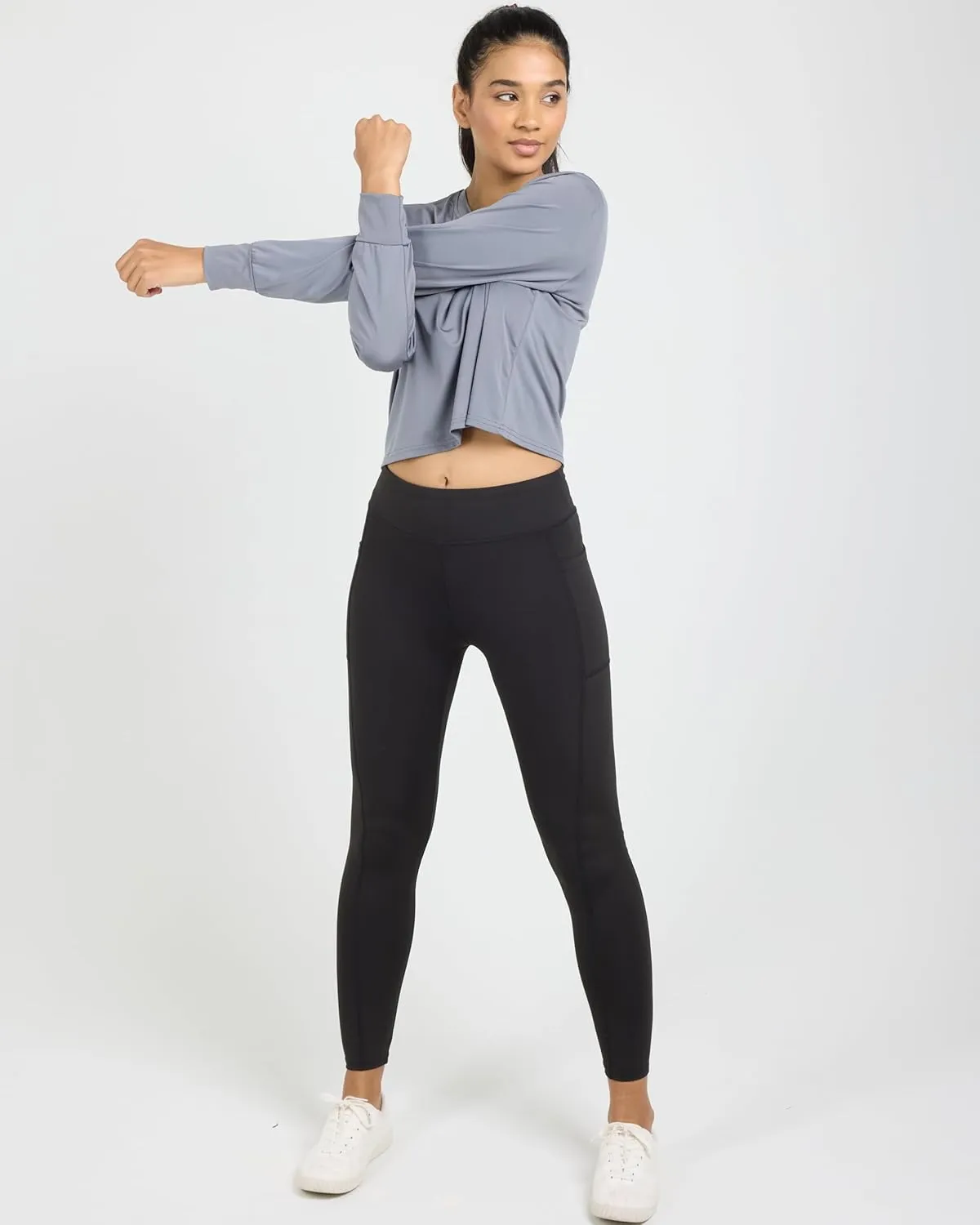 Real Essentials 5 Pack: Women's Dry Fit Crop Top - Long Sleeve Crew Neck Stretch Athletic Tee (Available in Plus Size)