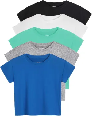 Real Essentials 5 Pack: Women's Dry Fit Crop Top - Short Sleeve Crew Neck Stretch Athletic Tee (Available in Plus Size)