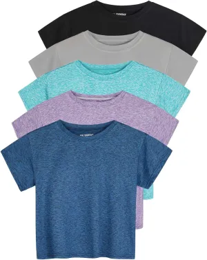 Real Essentials 5 Pack: Women's Dry Fit Crop Top - Short Sleeve Crew Neck Stretch Athletic Tee (Available in Plus Size)