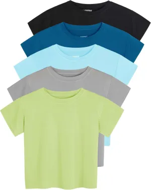 Real Essentials 5 Pack: Women's Dry Fit Crop Top - Short Sleeve Crew Neck Stretch Athletic Tee (Available in Plus Size)