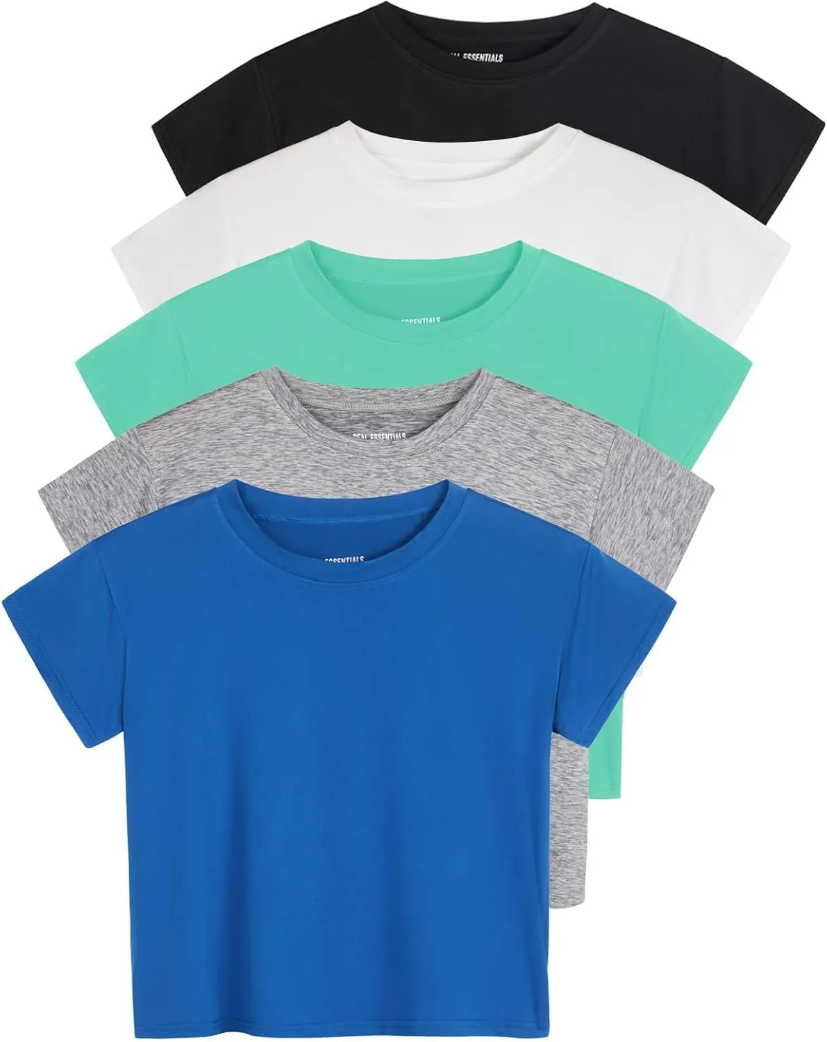 Real Essentials 5 Pack: Women's Dry Fit Crop Top - Short Sleeve Crew Neck Stretch Athletic Tee (Available in Plus Size)