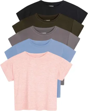 Real Essentials 5 Pack: Women's Dry Fit Crop Top - Short Sleeve Crew Neck Stretch Athletic Tee (Available in Plus Size)