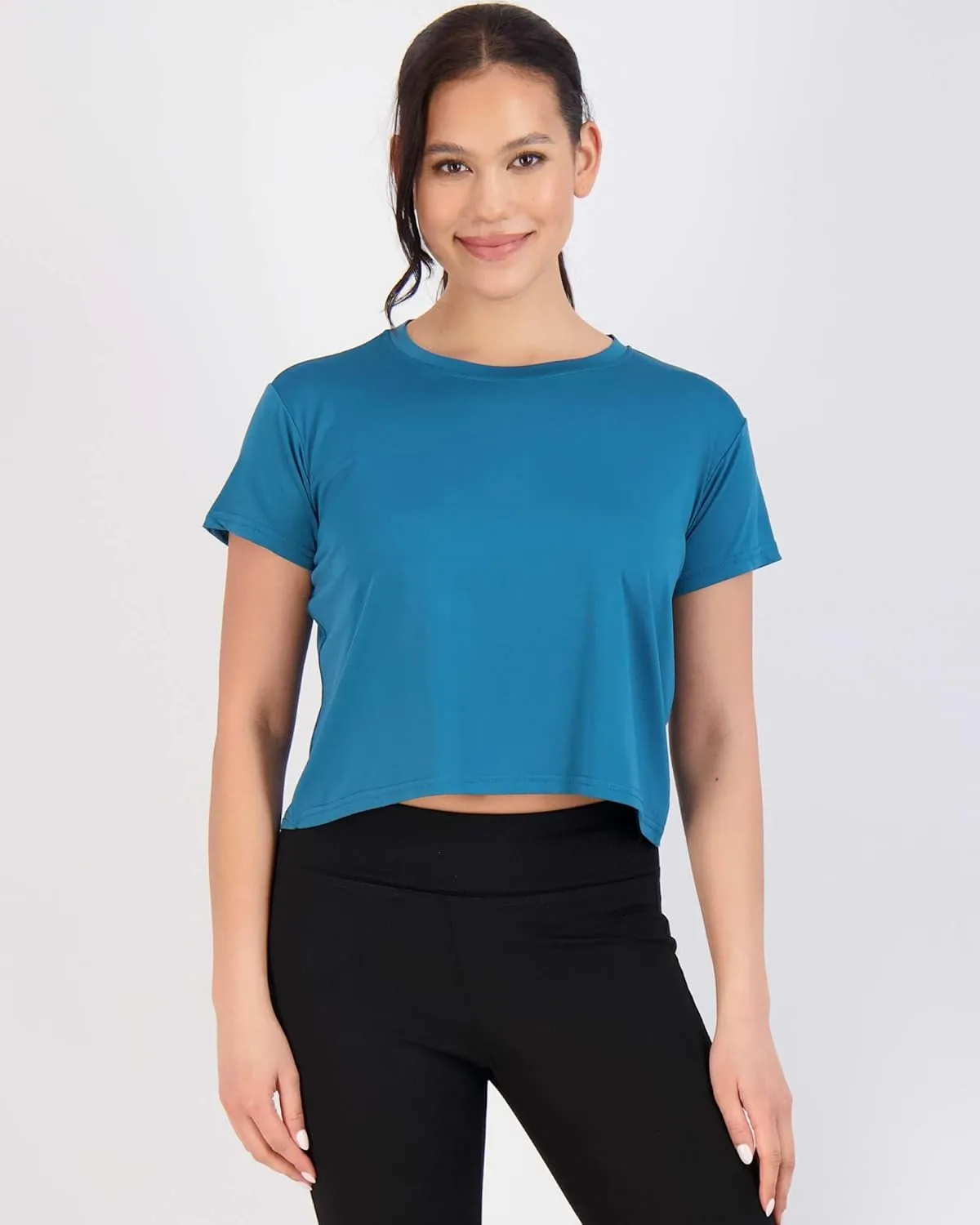 Real Essentials 5 Pack: Women's Dry Fit Crop Top - Short Sleeve Crew Neck Stretch Athletic Tee (Available in Plus Size)