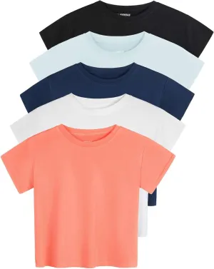 Real Essentials 5 Pack: Women's Dry Fit Crop Top - Short Sleeve Crew Neck Stretch Athletic Tee (Available in Plus Size)