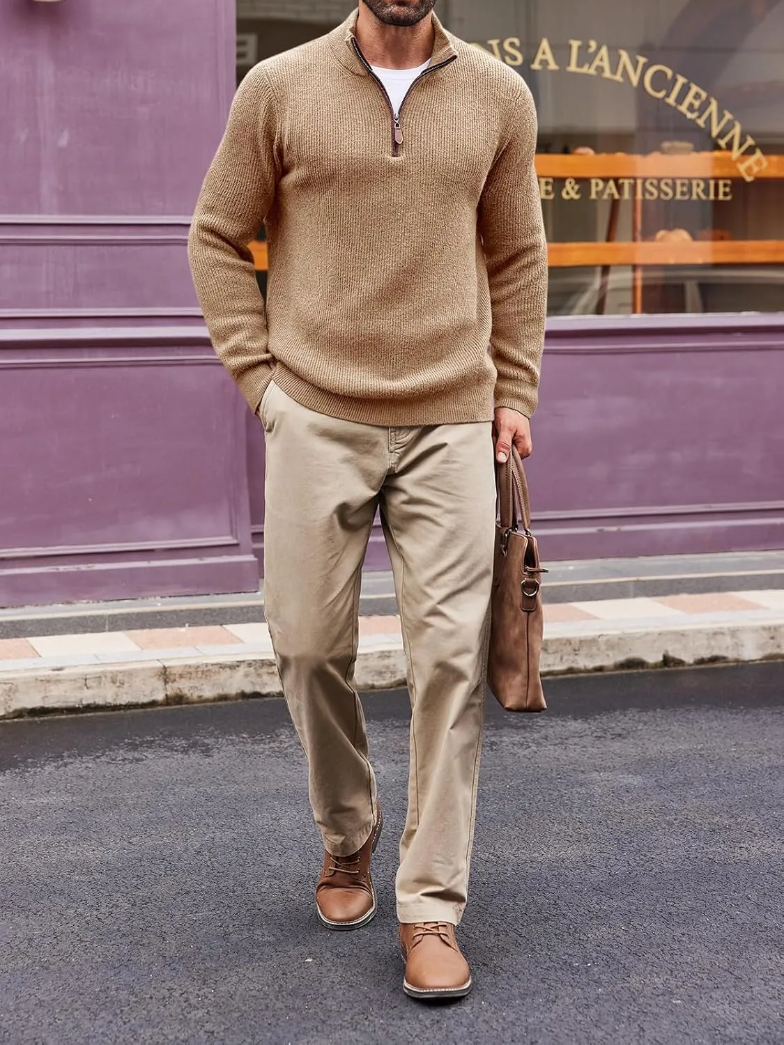 Runcati Mens Quarter-Zip Pullover Sweater Casual Mock Neck Winter Warm Ribbed Polo Sweaters