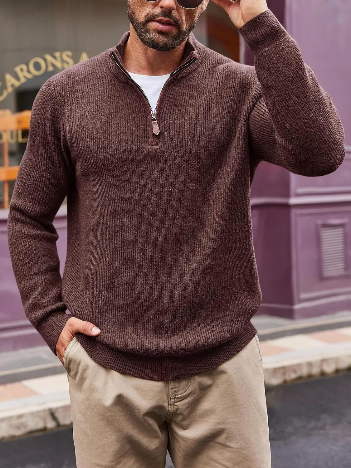 Runcati Mens Quarter-Zip Pullover Sweater Casual Mock Neck Winter Warm Ribbed Polo Sweaters