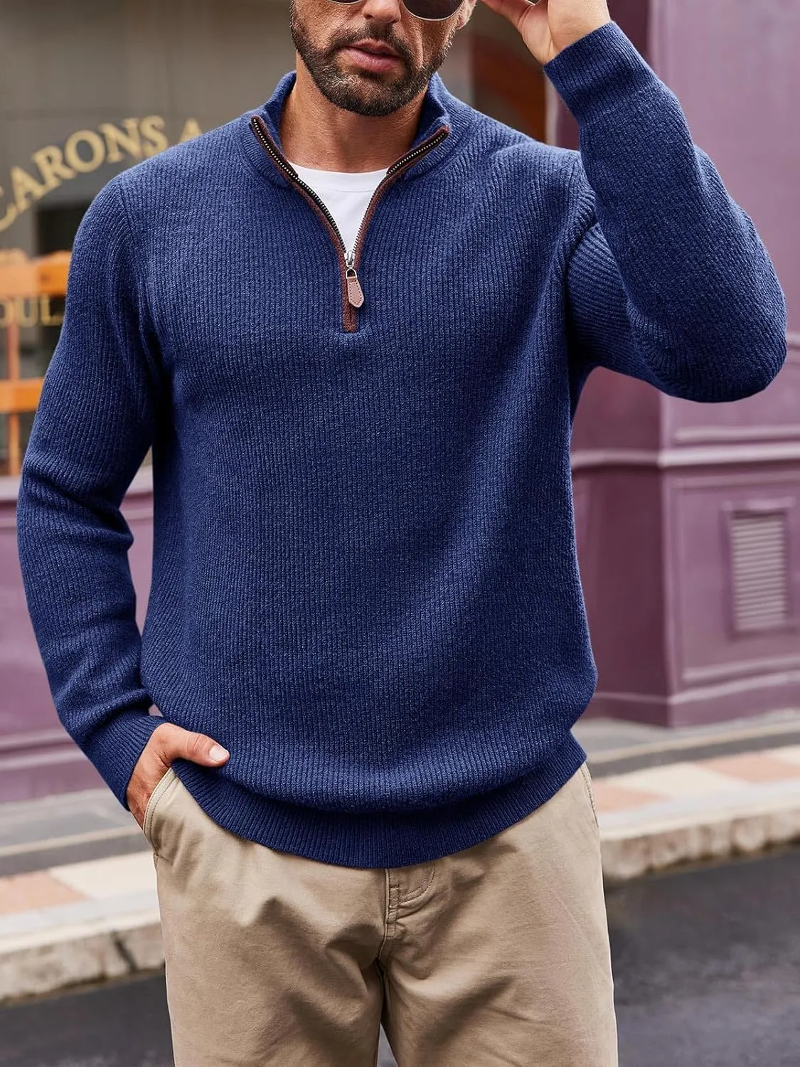 Runcati Mens Quarter-Zip Pullover Sweater Casual Mock Neck Winter Warm Ribbed Polo Sweaters