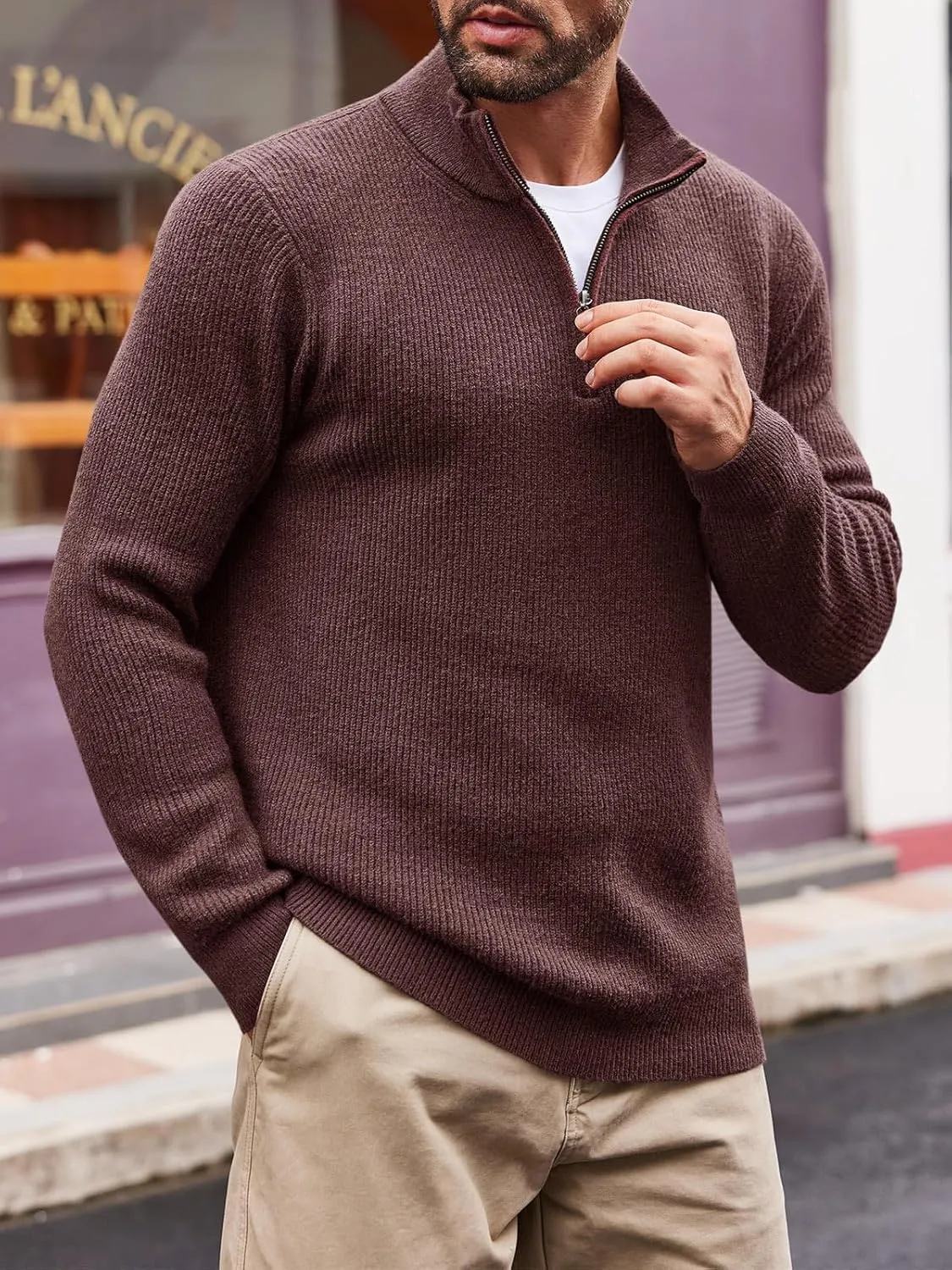 Runcati Mens Quarter-Zip Pullover Sweater Casual Mock Neck Winter Warm Ribbed Polo Sweaters