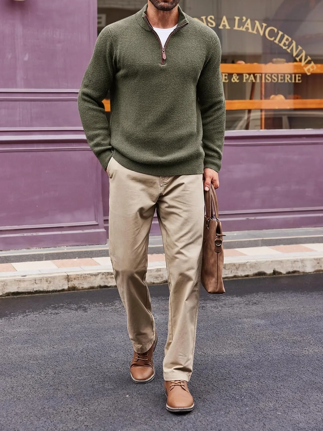 Runcati Mens Quarter-Zip Pullover Sweater Casual Mock Neck Winter Warm Ribbed Polo Sweaters