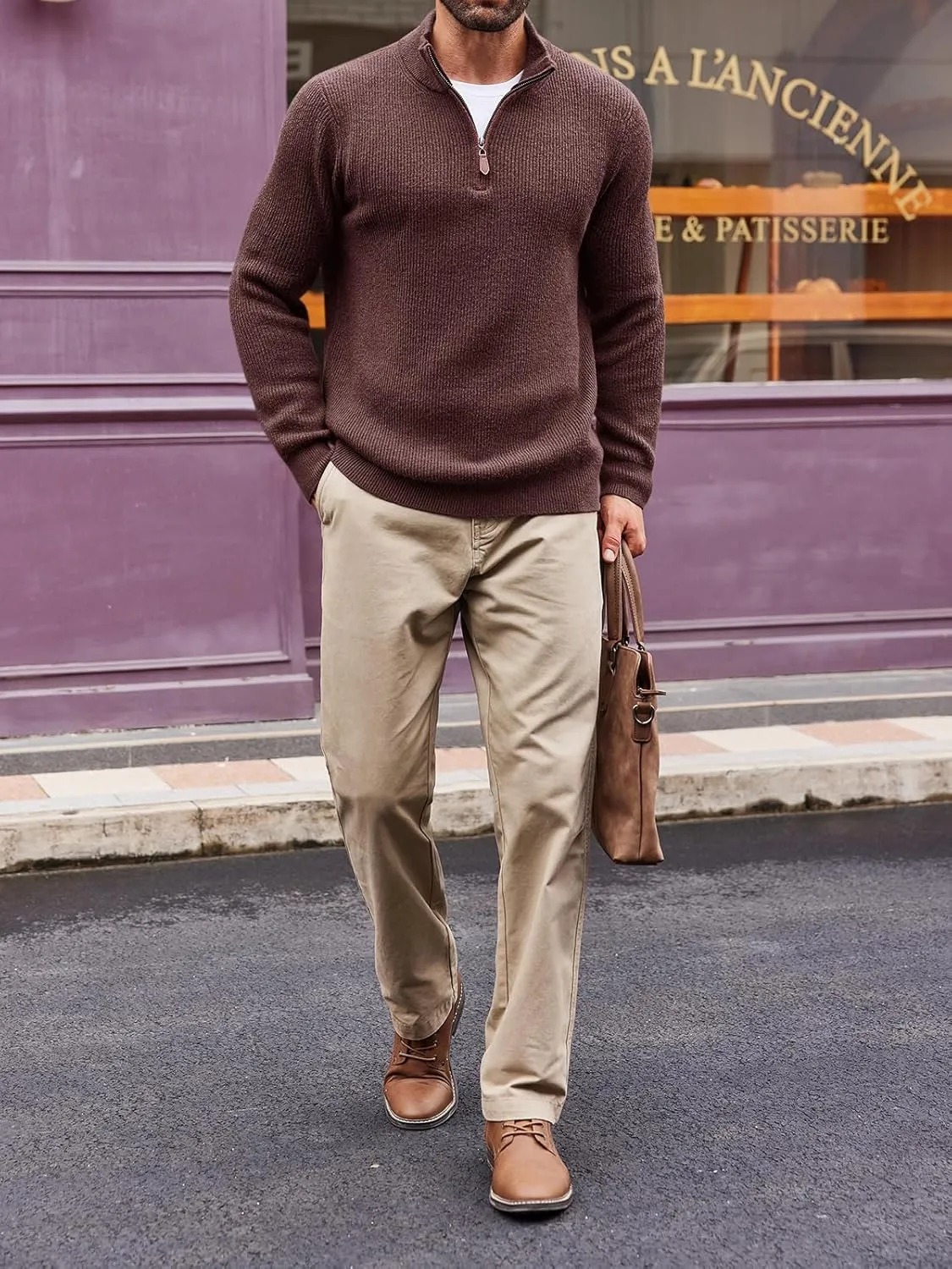 Runcati Mens Quarter-Zip Pullover Sweater Casual Mock Neck Winter Warm Ribbed Polo Sweaters