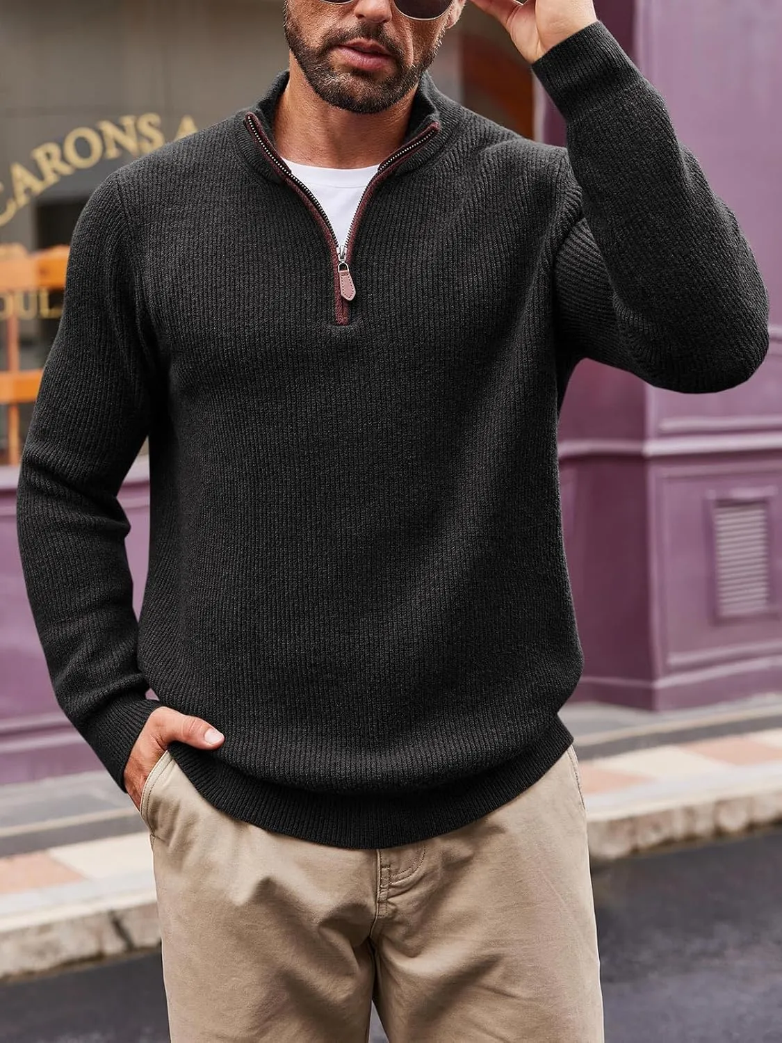 Runcati Mens Quarter-Zip Pullover Sweater Casual Mock Neck Winter Warm Ribbed Polo Sweaters