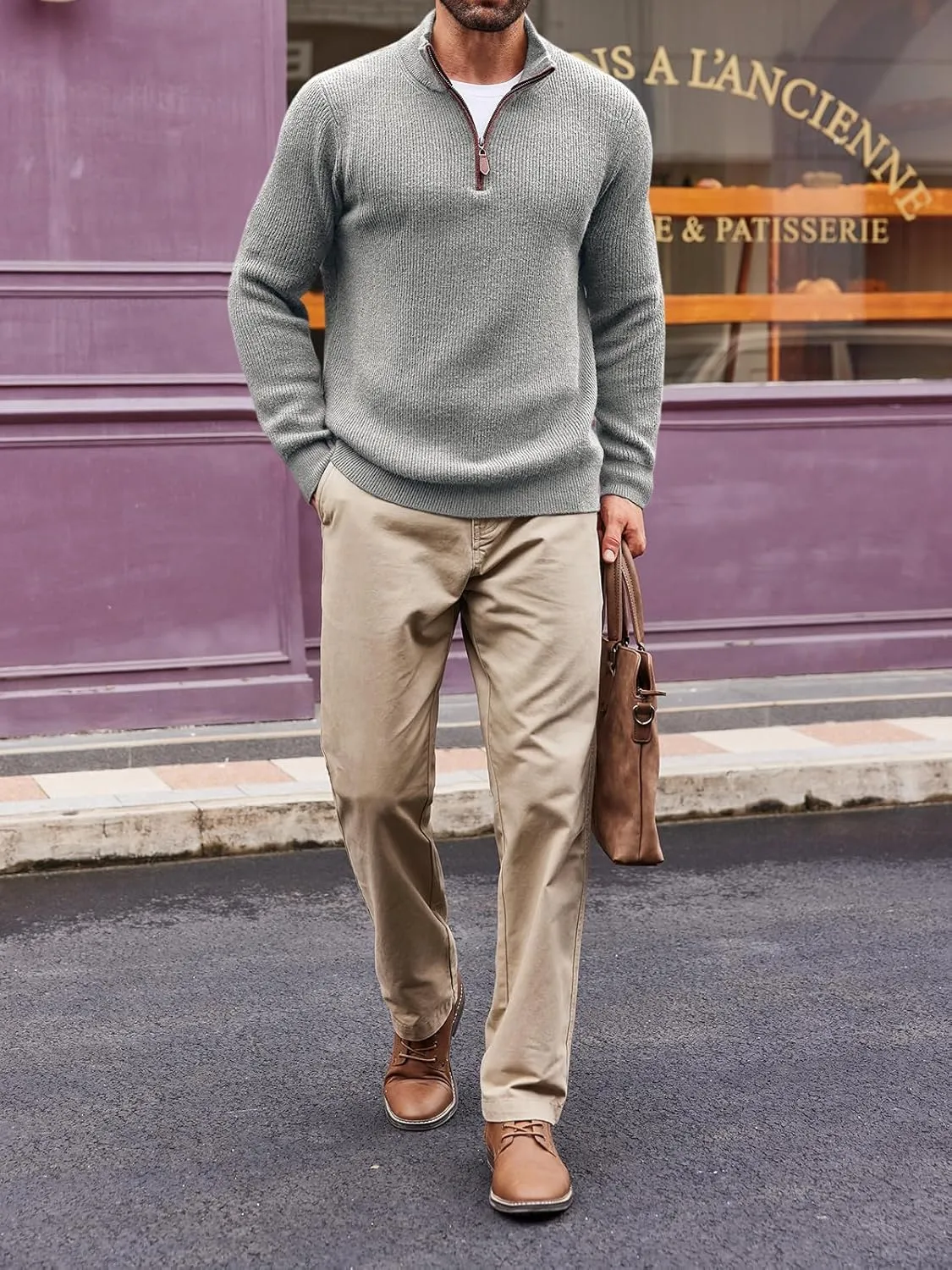 Runcati Mens Quarter-Zip Pullover Sweater Casual Mock Neck Winter Warm Ribbed Polo Sweaters