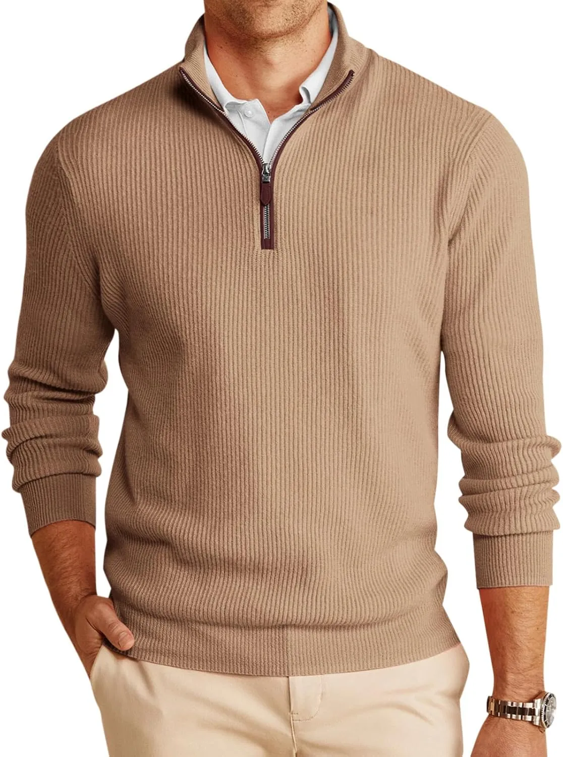 Runcati Mens Quarter-Zip Pullover Sweater Casual Mock Neck Winter Warm Ribbed Polo Sweaters