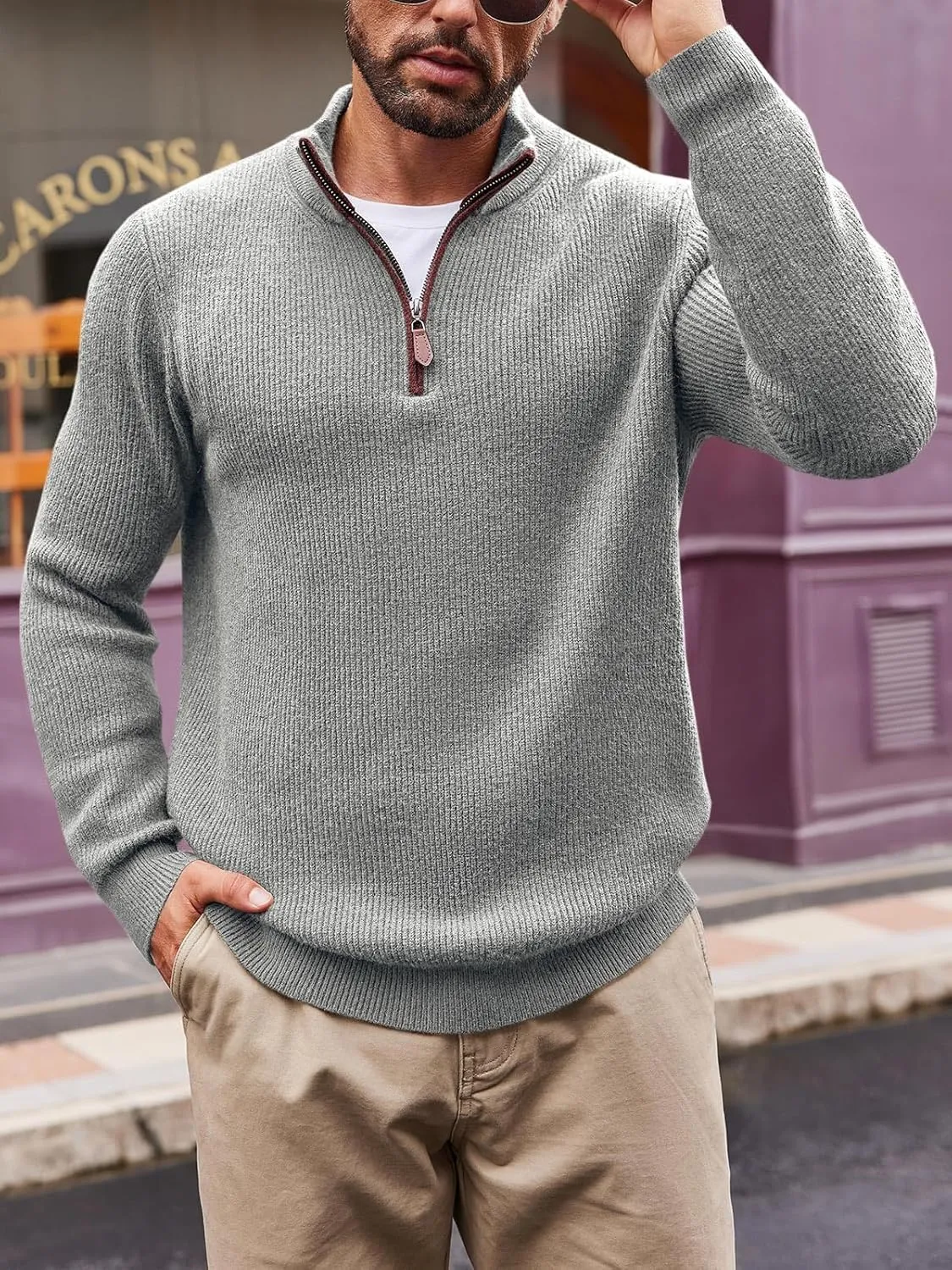 Runcati Mens Quarter-Zip Pullover Sweater Casual Mock Neck Winter Warm Ribbed Polo Sweaters