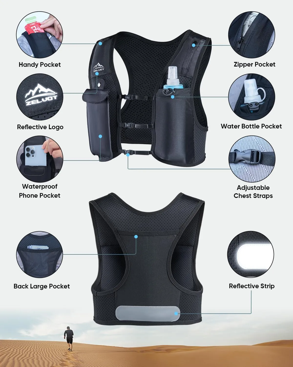 Running Vest for Women Men, USA Original Patent, Adjustable Chest Straps Running Hydration Vest with 500ml Soft Flask, Lightweight Breathable Reflective Running Vest for Marathon
