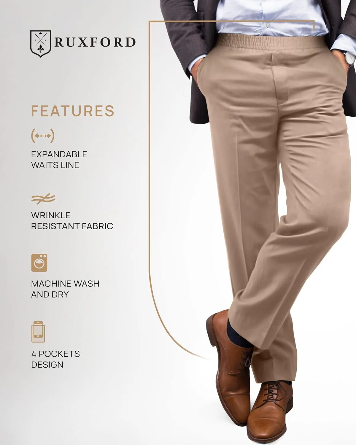 Ruxford Men's Relax Fit Elastic Waist Pants - Adaptive, Casual Twill, 30-43  inches, Black, Khaki, Navy, Gray