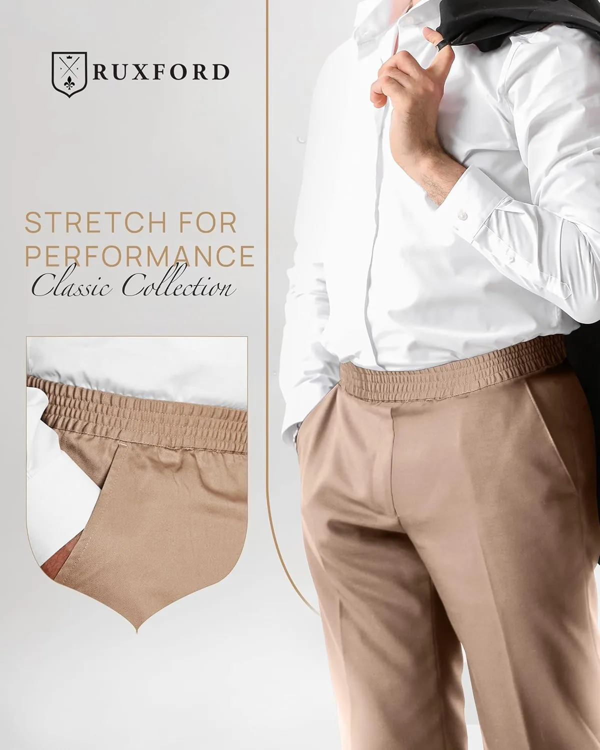 Ruxford Men's Relax Fit Elastic Waist Pants - Adaptive, Casual Twill, 30-43  inches, Black, Khaki, Navy, Gray