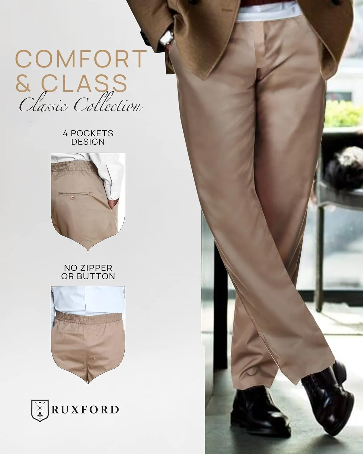 Ruxford Men's Relax Fit Elastic Waist Pants - Adaptive, Casual Twill, 30-43  inches, Black, Khaki, Navy, Gray