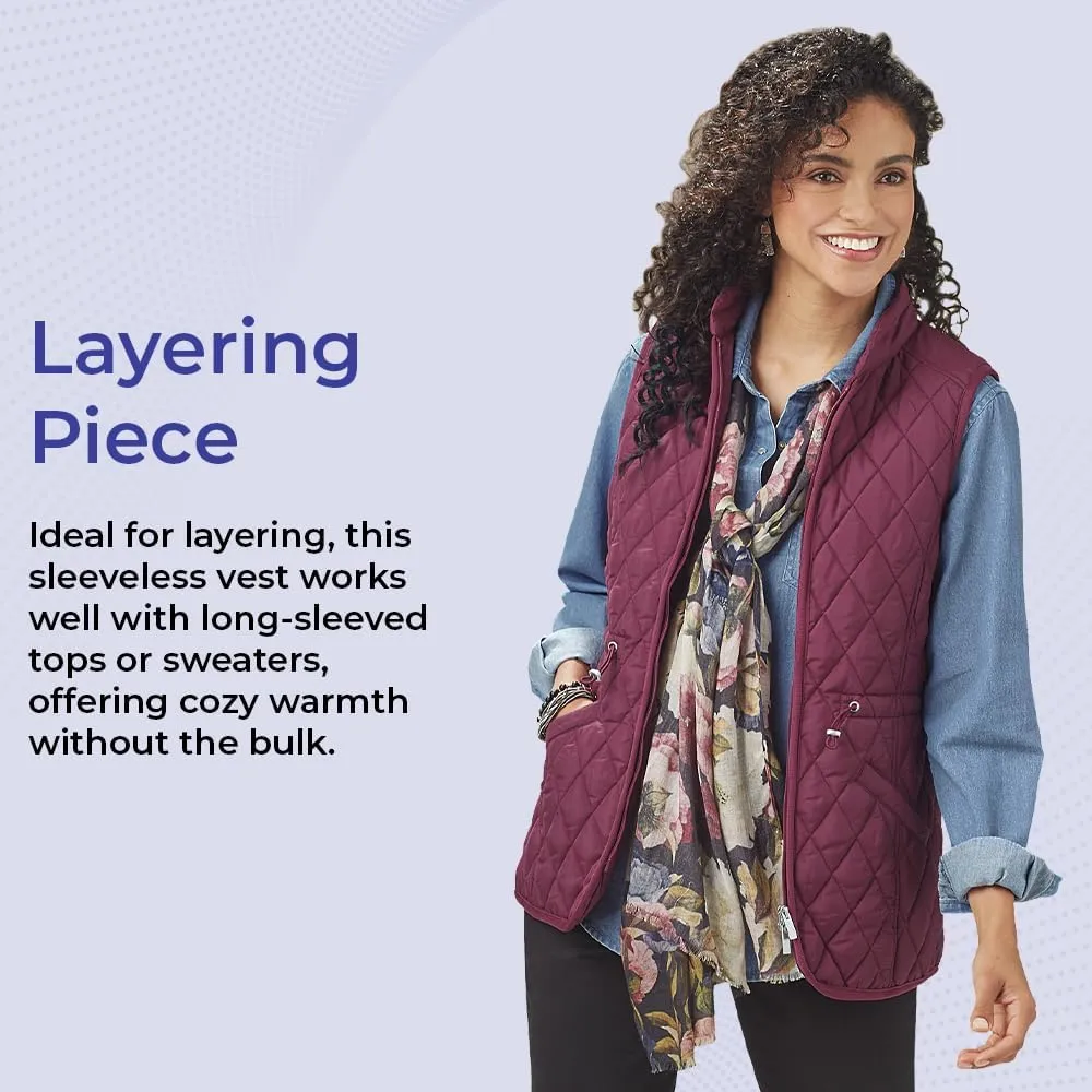 SAGEFINDS Women’s Quilted Vest, Stand Collar, Lightweight Padded Vest with Zipper, Pockets and Adjustable Toggle Waist