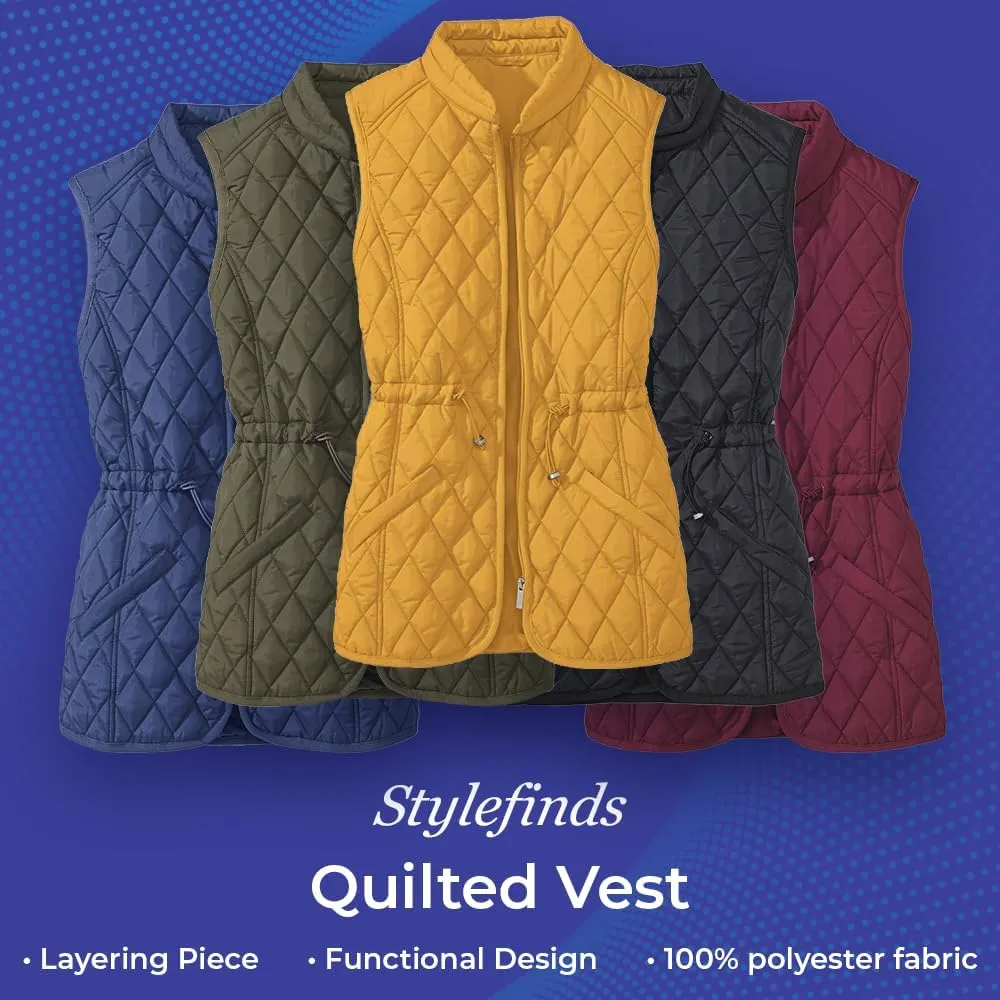 SAGEFINDS Women’s Quilted Vest, Stand Collar, Lightweight Padded Vest with Zipper, Pockets and Adjustable Toggle Waist