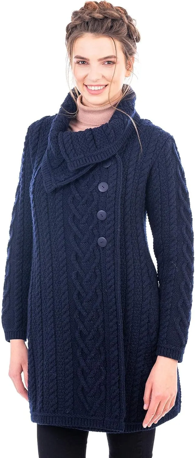 SAOL Women’s Coatigan – 100% Merino Wool Cable Knit Irish Cardigan with Pockets – Classic Warm Long Sweater Coat