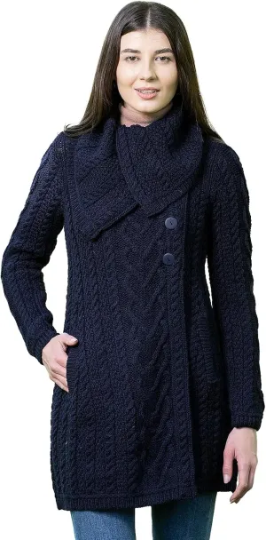 SAOL Women’s Coatigan – 100% Merino Wool Cable Knit Irish Cardigan with Pockets – Classic Warm Long Sweater Coat