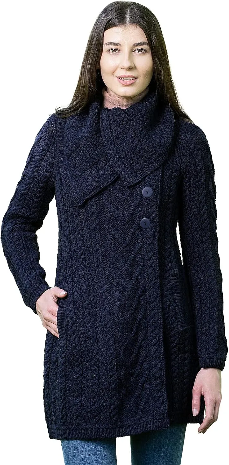 SAOL Women’s Coatigan – 100% Merino Wool Cable Knit Irish Cardigan with Pockets – Classic Warm Long Sweater Coat