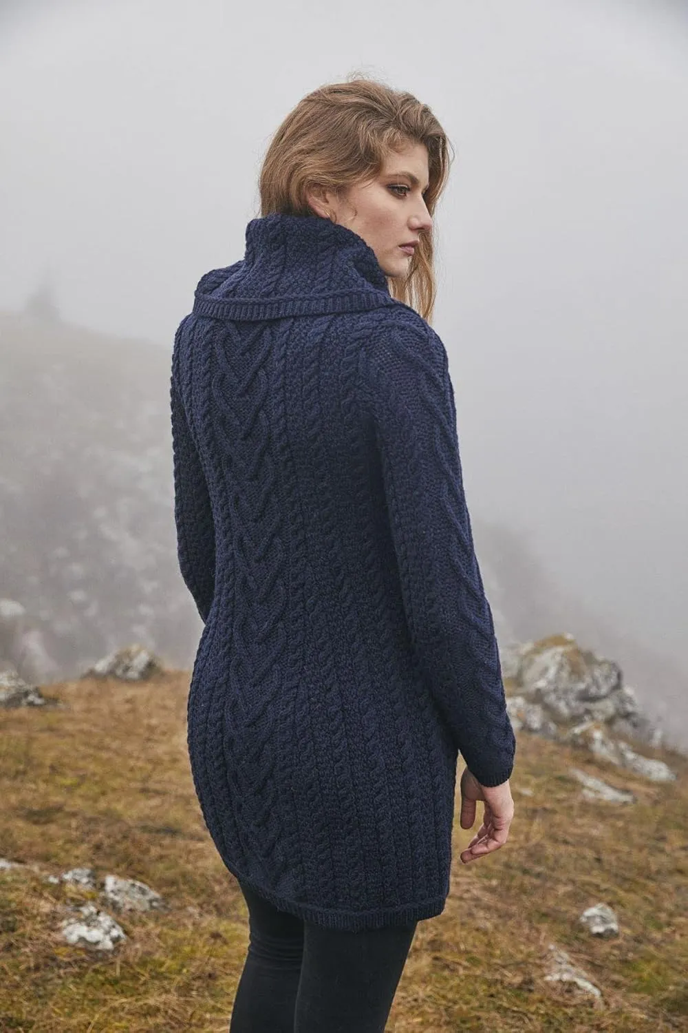 SAOL Women’s Coatigan – 100% Merino Wool Cable Knit Irish Cardigan with Pockets – Classic Warm Long Sweater Coat