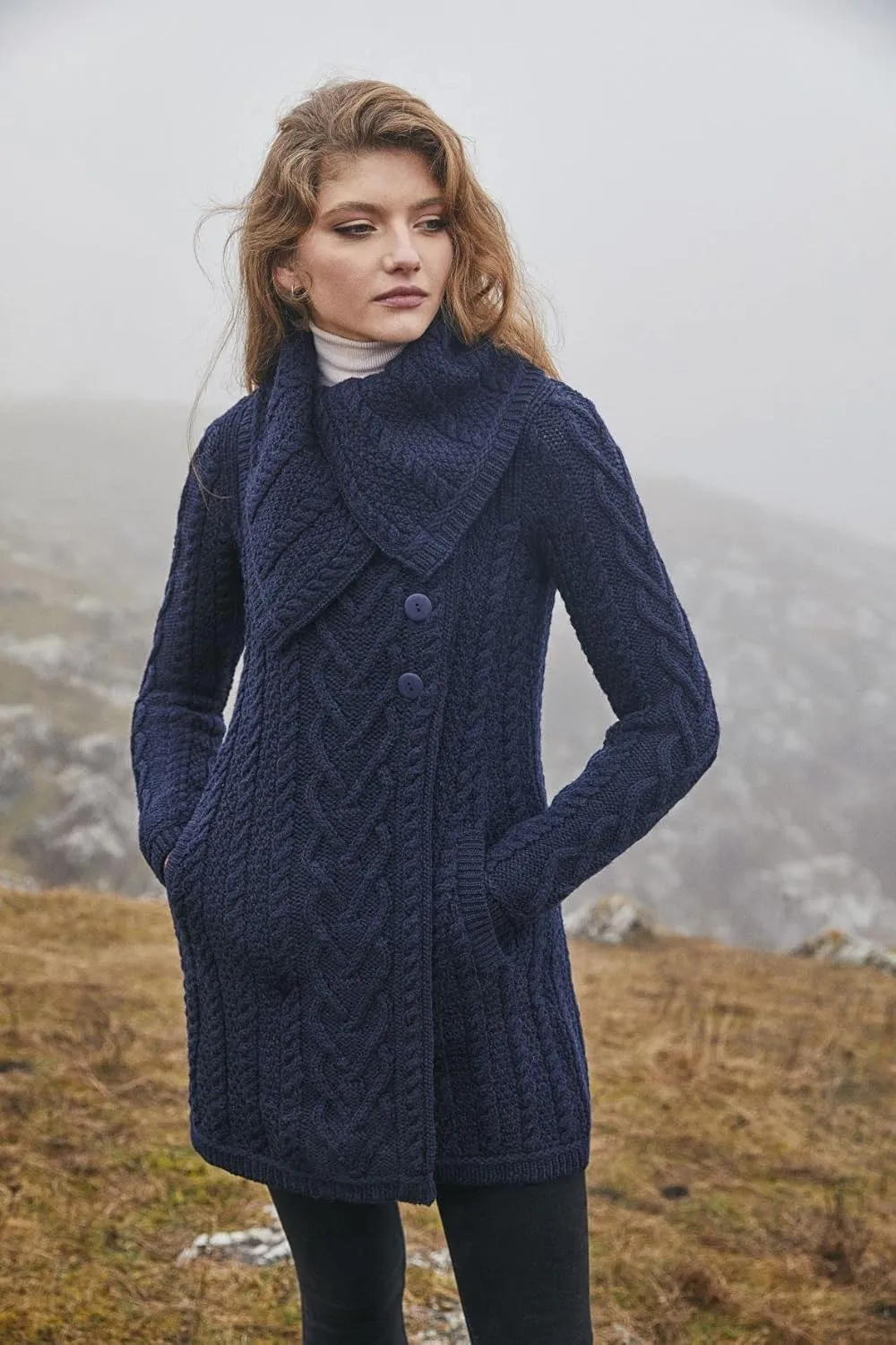 SAOL Women’s Coatigan – 100% Merino Wool Cable Knit Irish Cardigan with Pockets – Classic Warm Long Sweater Coat