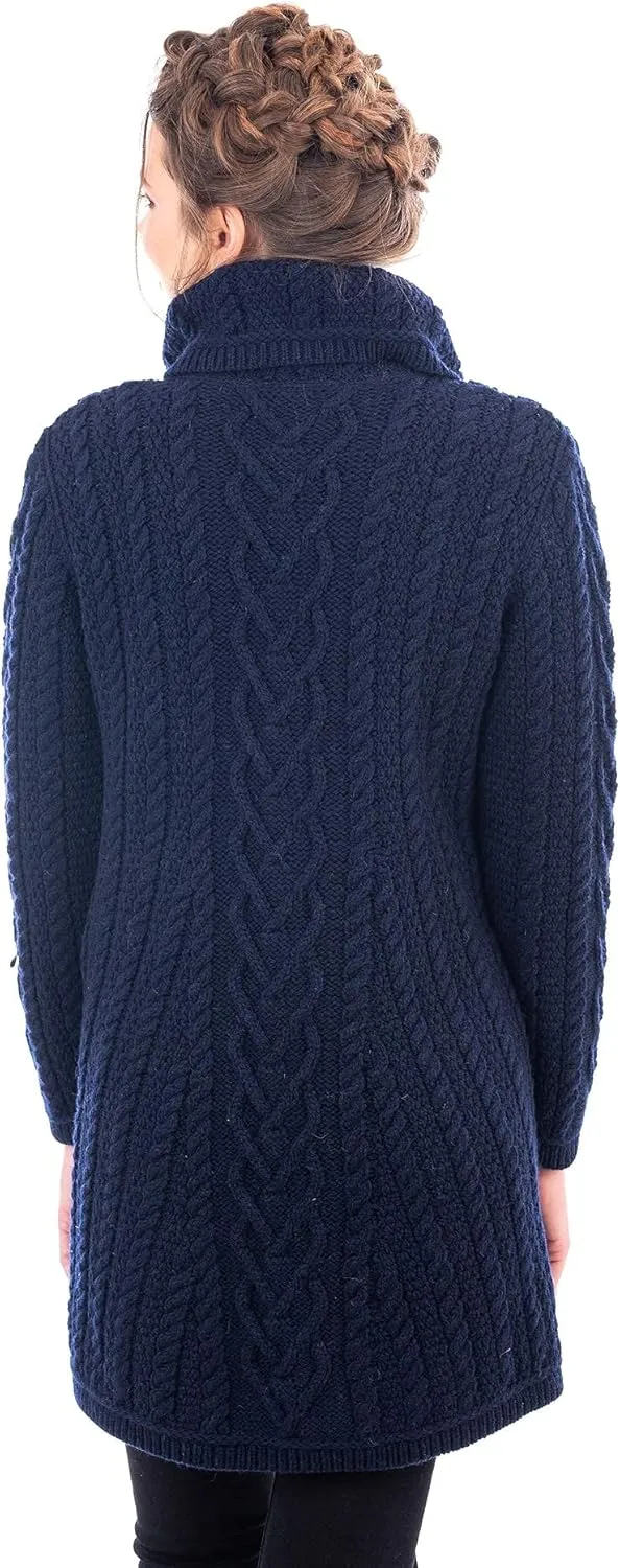 SAOL Women’s Coatigan – 100% Merino Wool Cable Knit Irish Cardigan with Pockets – Classic Warm Long Sweater Coat