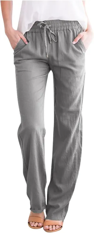 SHAOBGE Womens Casual Cotton Linen Pants Lightweight Summer Relax Fit Elastic Waist Straight Leg Solid Lounge Long Trousers