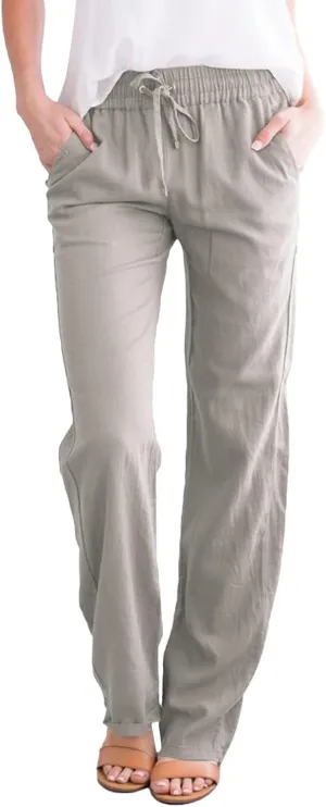 SHAOBGE Womens Casual Cotton Linen Pants Lightweight Summer Relax Fit Elastic Waist Straight Leg Solid Lounge Long Trousers